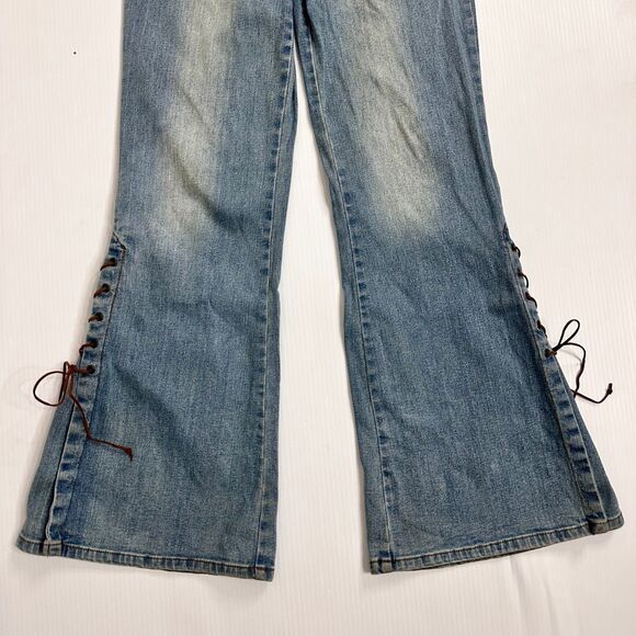 Y2K Hot Kiss Lace-Up Flare Jeans Low Rise Embroidered 3/ XS Boho Festival Bratz - Picture 13 of 16